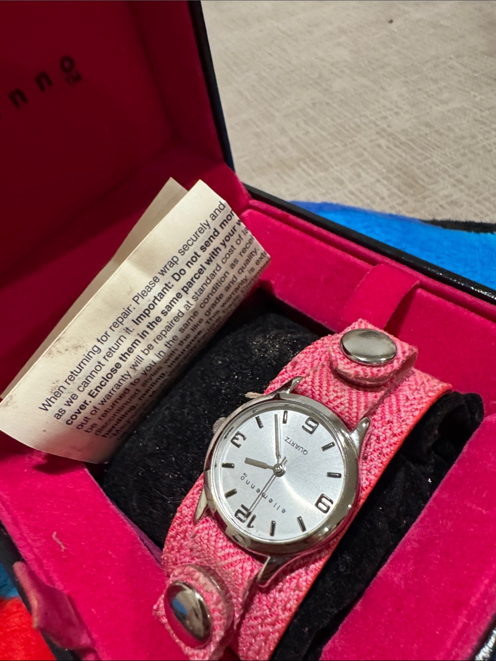 Silver Dial Watch with Pink Fabric Strap
